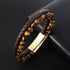 Tiger Eye Leather Bracelet With Metal Clasp Gold Men's Bracelet