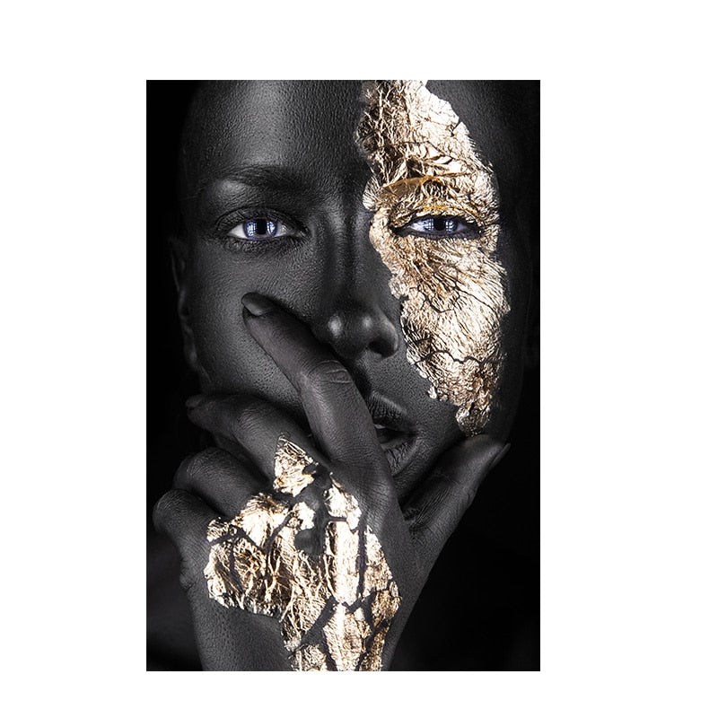 African Woman Art Canvas - Touch of Gold & Silver Gold Blue Eyes - Pensive Canvas