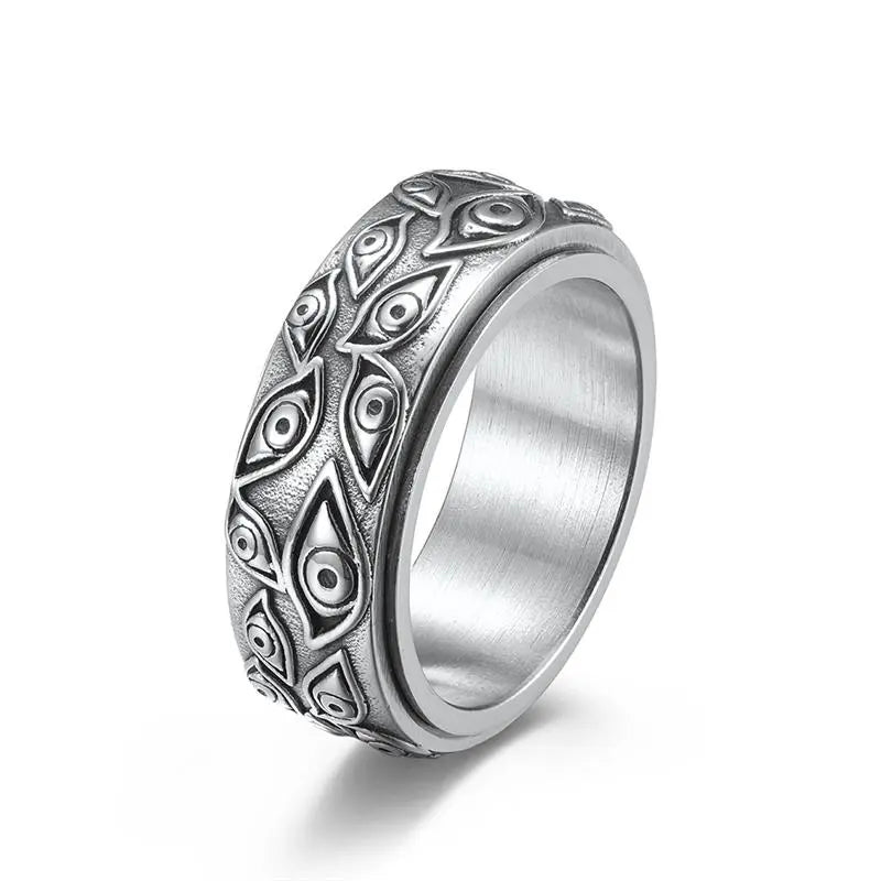 Vintage Carved Eyes Stainless Steel Ring - Unisex Punk Rock Finger Jewelry Silver Men's Rings