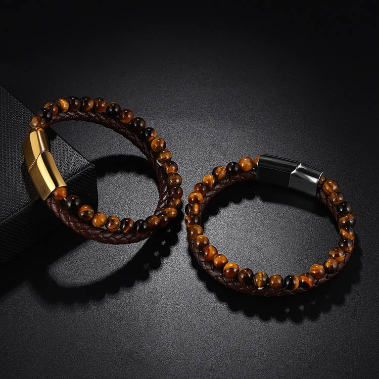 Tiger Eye Leather Bracelet With Metal Clasp Men's Bracelet