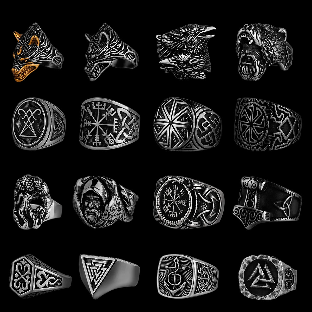 Nordic Viking Stainless Steel Ring - Anchor Compass Tree of Life Rune Amulet Wolf Finger Jewelry Men's Rings