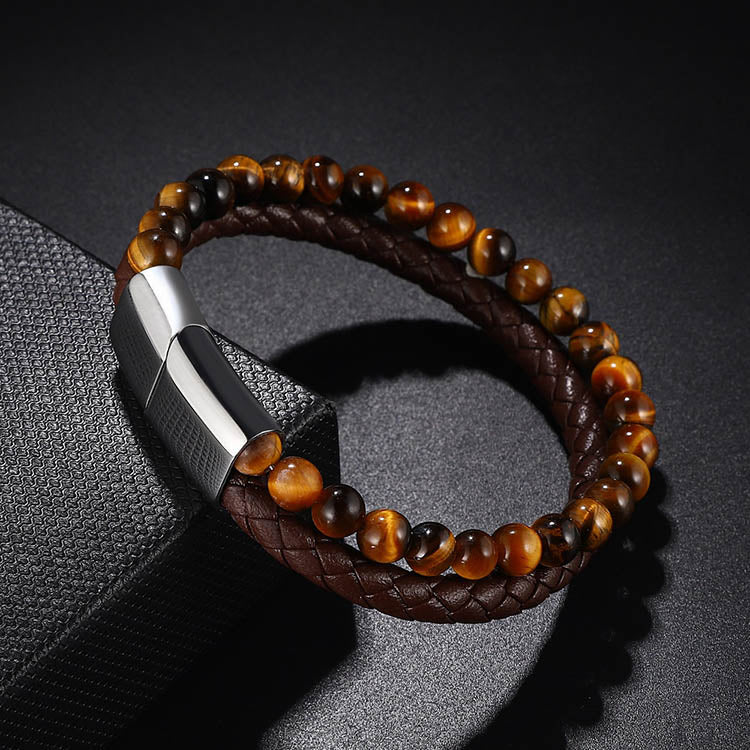 Tiger Eye Leather Bracelet With Metal Clasp Men's Bracelet