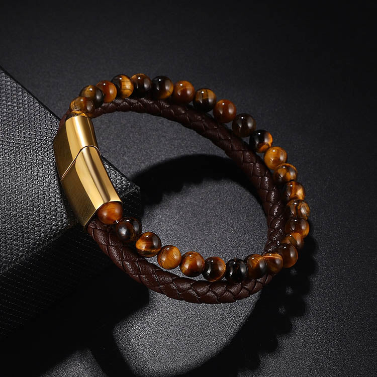 Tiger Eye Leather Bracelet With Metal Clasp Men's Bracelet