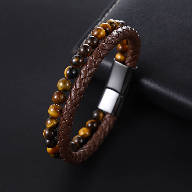 Tiger Eye Leather Bracelet With Metal Clasp Black Men's Bracelet