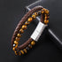 Tiger Eye Leather Bracelet With Metal Clasp Silver Men's Bracelet