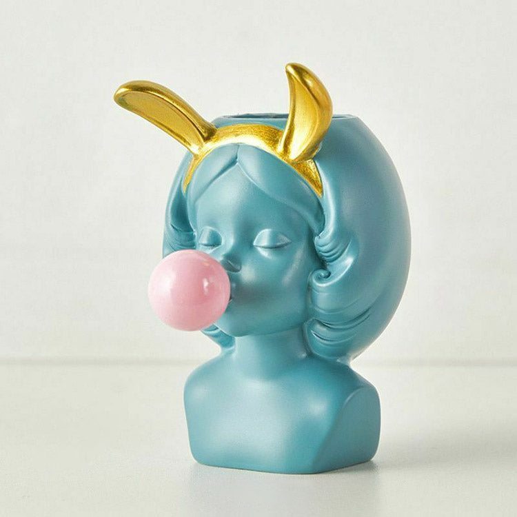 Bubble-Blowing Girl Planter Vase Teal - Bunny Ears Bubble-Blowing Girl Vase Vases