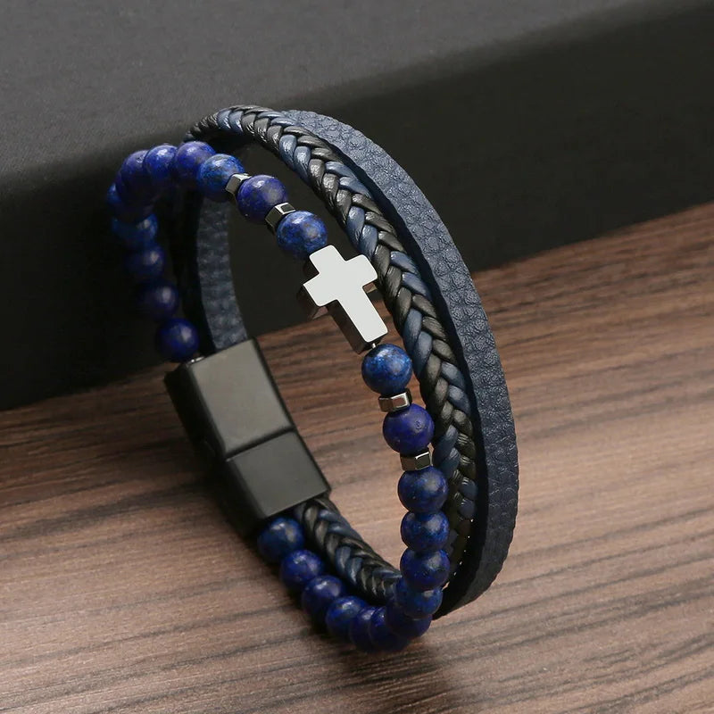 Men's Stainless Steel Leather Bracelet with Cross Charm - Magnetic Clasp Punk Rock Jewelry Gift Cross 4 Men's Bracelets