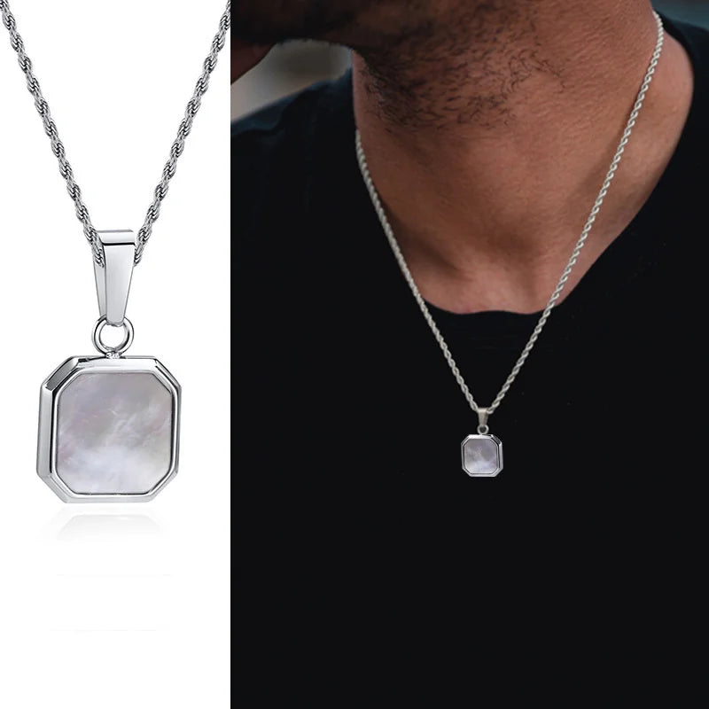 Square Pendant Necklace for Men - Casual Vintage Geometric Jewelry with Rope Cuban Figaro Box Chain Rope 1652-2 Men's Necklace