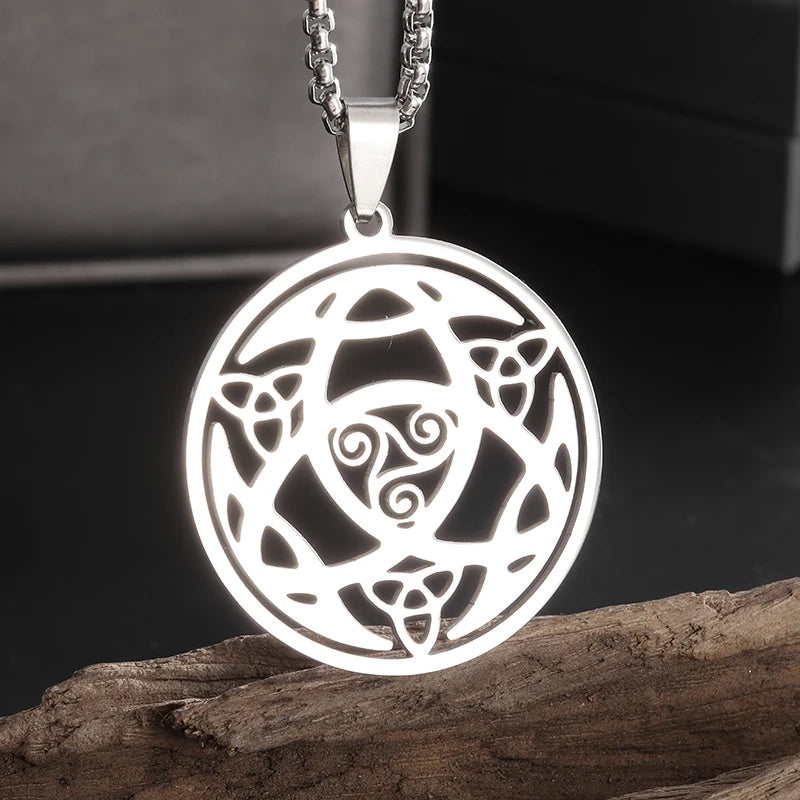 Witch Knot Necklace - Stainless Steel Celtic Knot Pendant Style 18-Silver Men's Necklace