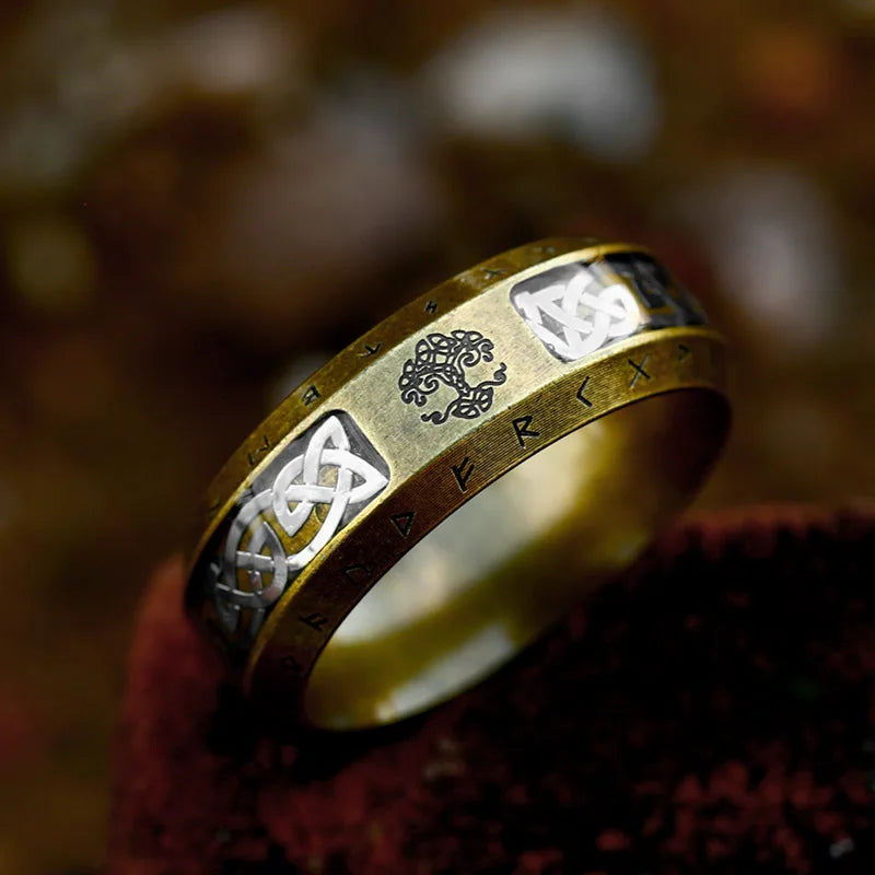 Viking Tree of Life Stainless Steel Ring - Vintage Celtic Knot Rune Jewelry for Men VK-7 Gold Men's Rings