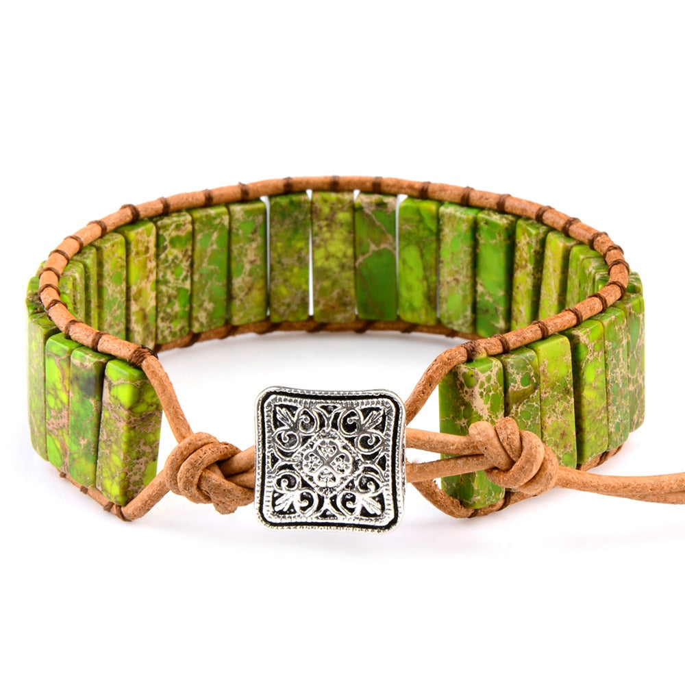 Natural Gem Leather Tibetan Bracelet Green Tibetan Bracelet