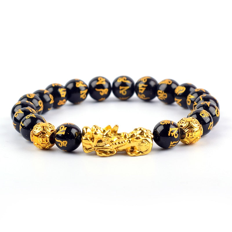 Feng Shui Obsidian Stone Beads Bracelet Black and Gold I Feng Shui Obisidian Bracelet