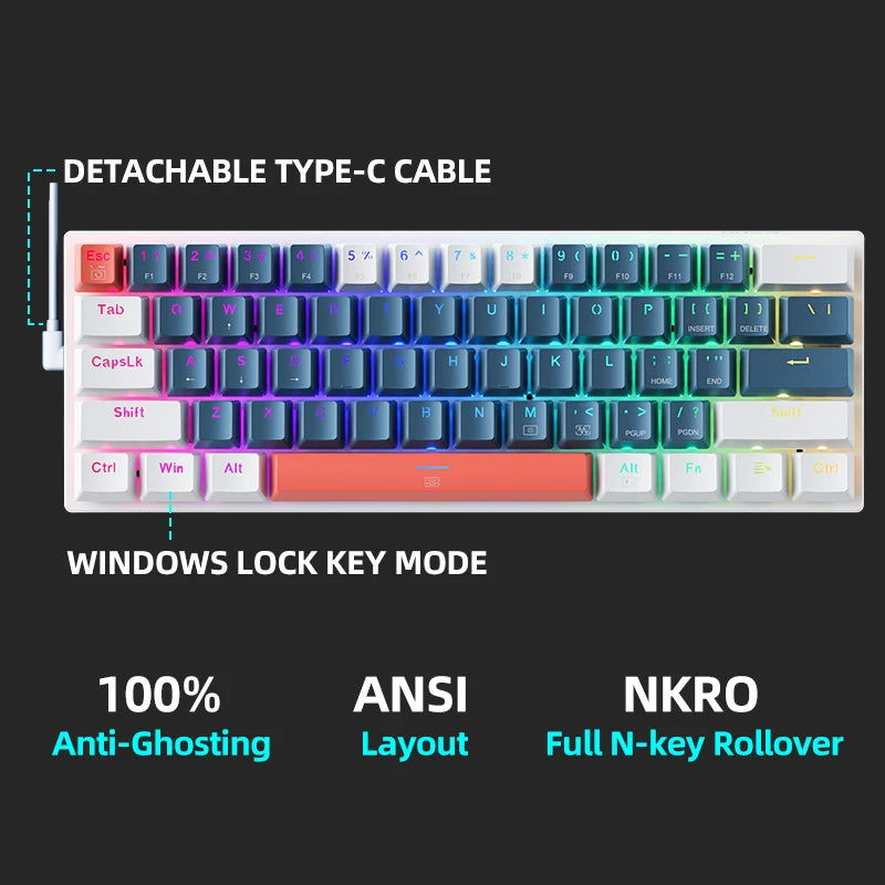 Mini Mechanical Keyboard - 60% Form Factor, 61 Keys, Wired, RGB Backlit