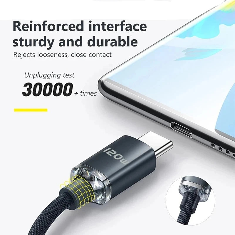 120W 6A USB Type C Fast Charging Cable - Quick Charge for Samsung, Realme, Xiaomi, Huawei