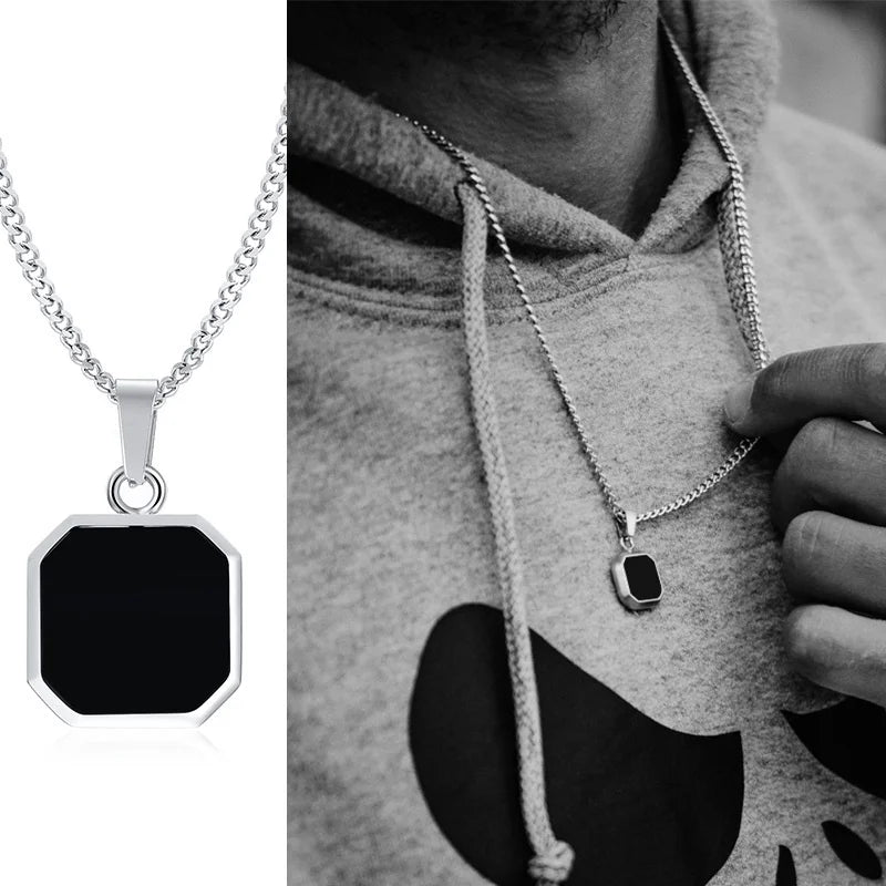Square Pendant Necklace for Men - Casual Vintage Geometric Jewelry with Rope Cuban Figaro Box Chain Cuban 1652S Men's Necklace
