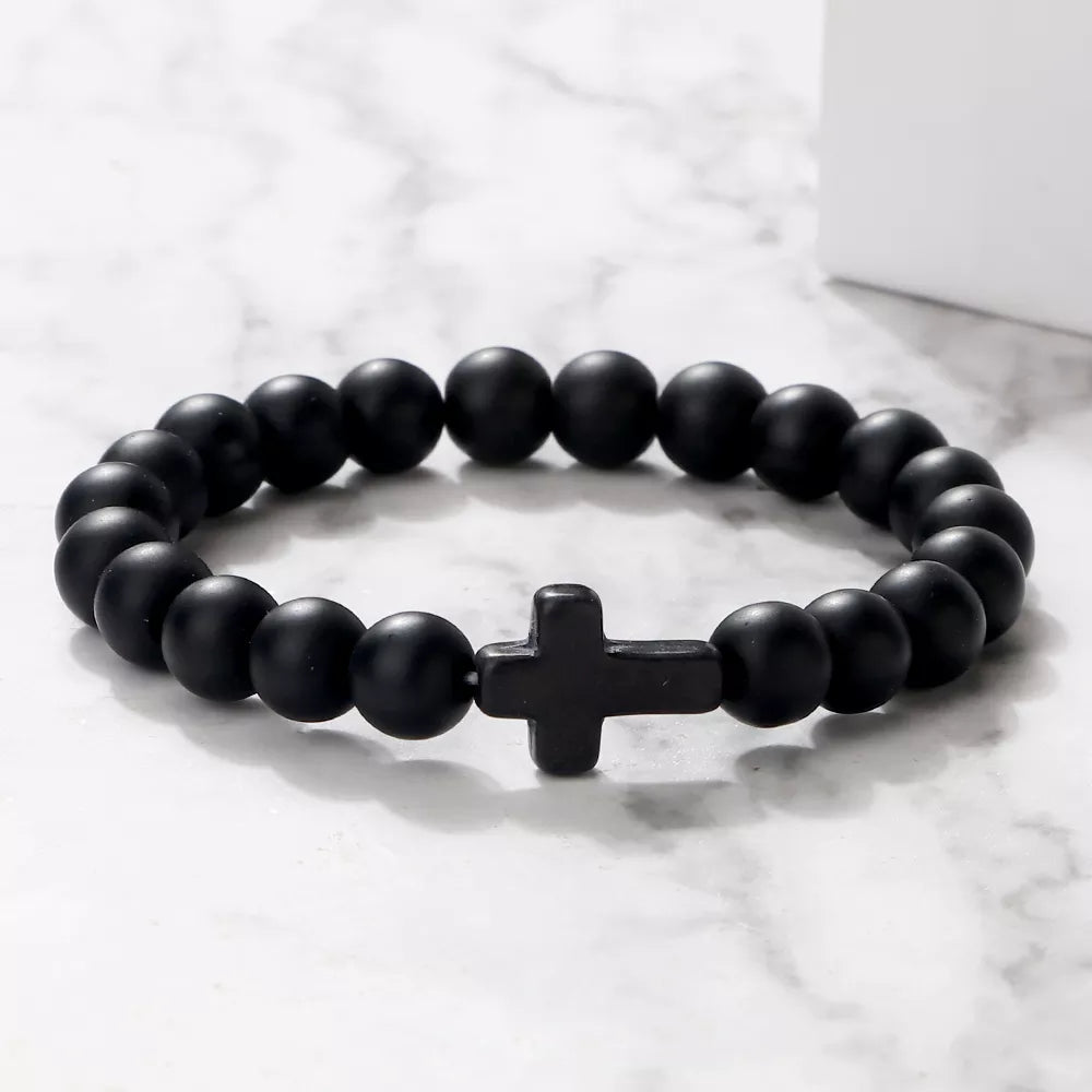 Handmade Black Lava Stone Bracelet with Cross Charm - Unisex Beaded Jewelry Men's Bracelet