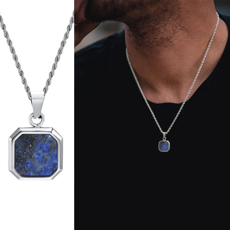Square Pendant Necklace for Men - Casual Vintage Geometric Jewelry with Rope Cuban Figaro Box Chain Rope 1652-3 Men's Necklace