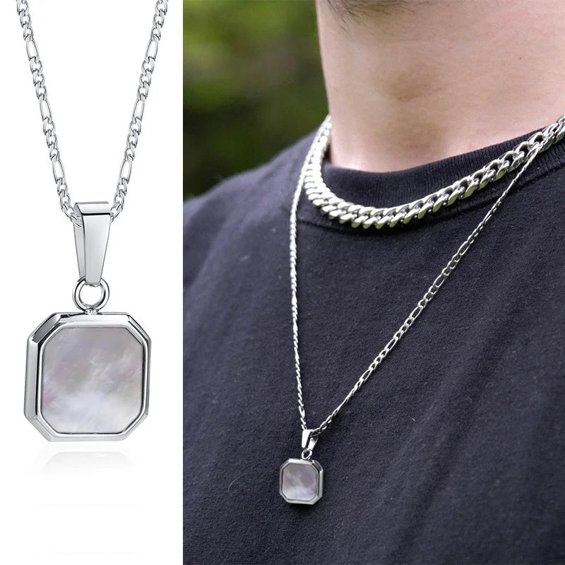 Square Pendant Necklace for Men - Casual Vintage Geometric Jewelry with Rope Cuban Figaro Box Chain Figaro 1652-2 Men's Necklace