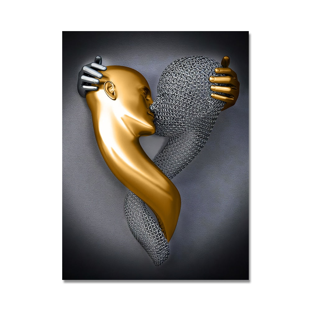 Black & Gold Couple In Love Canvas Entangled Kissing Canvas