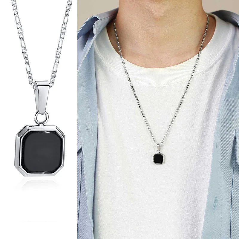 Square Pendant Necklace for Men - Casual Vintage Geometric Jewelry with Rope Cuban Figaro Box Chain Figaro 1652-1 Men's Necklace