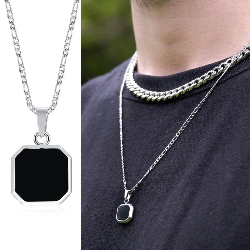 Square Pendant Necklace for Men - Casual Vintage Geometric Jewelry with Rope Cuban Figaro Box Chain Figaro 1652S Men's Necklace