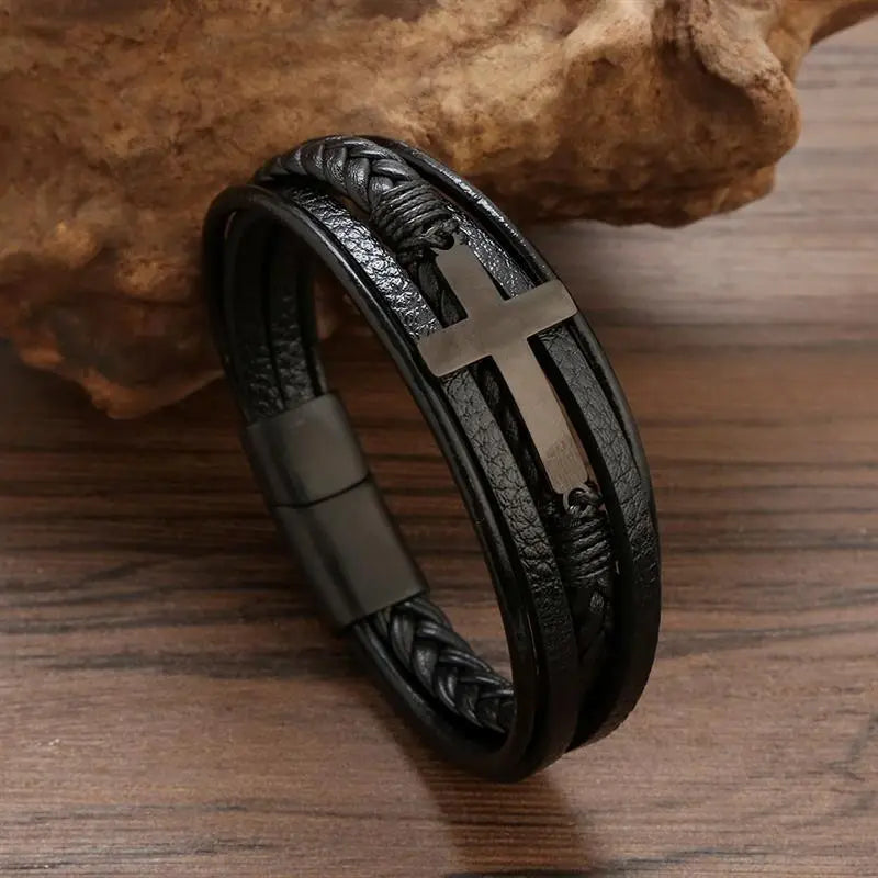 Stylish Stainless Steel Leather Bracelet - Magnetic Men's Charm Bracelet Men's Bracelets