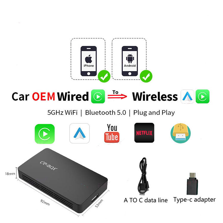 Wireless CarPlay Auto Adapter For Android/iOS - Wired To Wireless 5Ghz WiFi Auto Dongle Black Android & iOS 5 in 1 Netflix Box Car Auto Adapter For Android/iOS