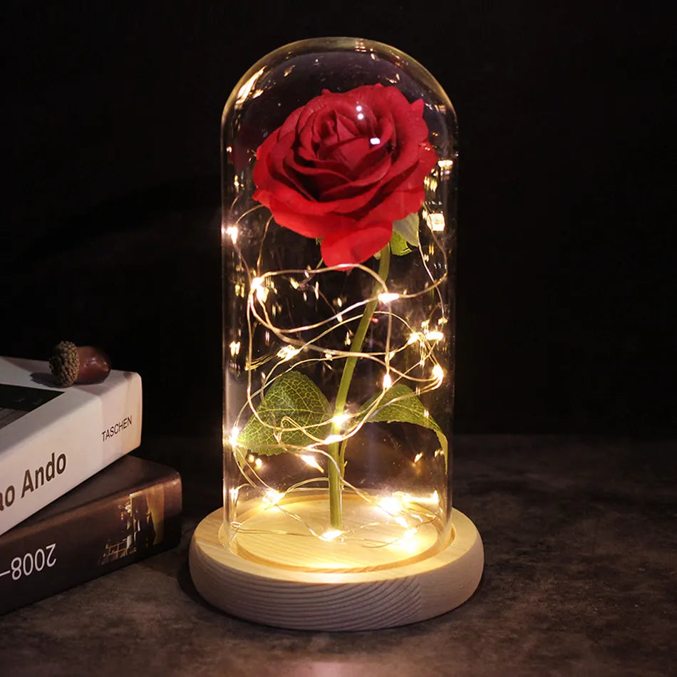 Eternal Galaxy Rose Light Dome Red Wood Base