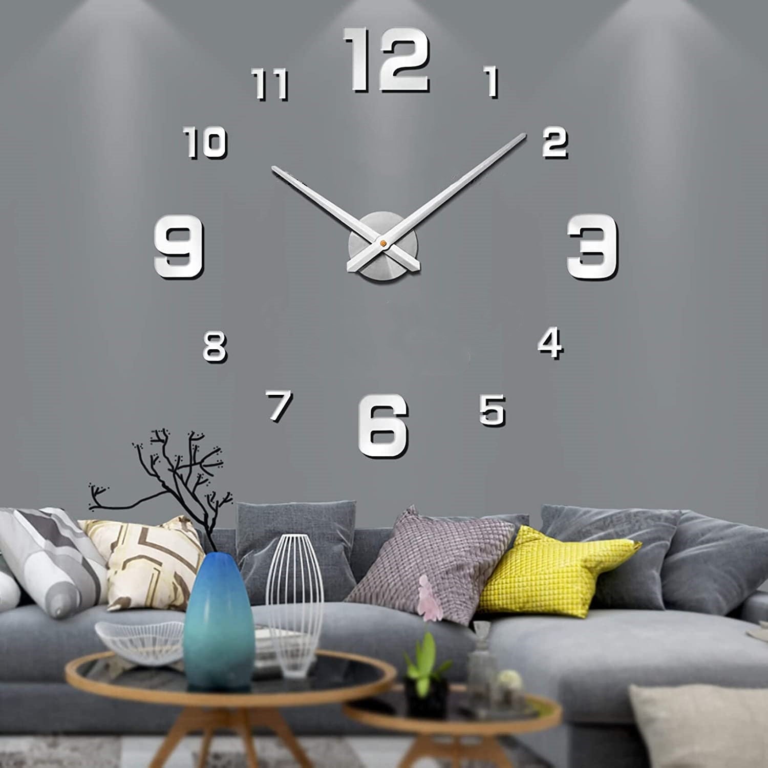 Large Creative 3D Wall Clock Silver - Numbers Wall Clocks