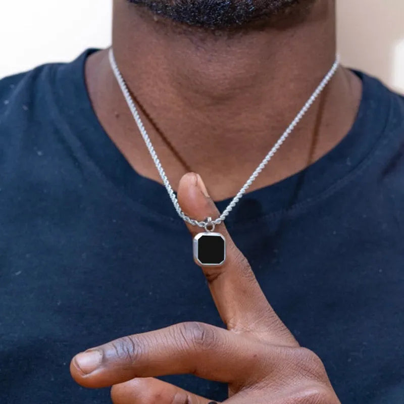 Square Pendant Necklace for Men - Casual Vintage Geometric Jewelry with Rope Cuban Figaro Box Chain Men's Necklace