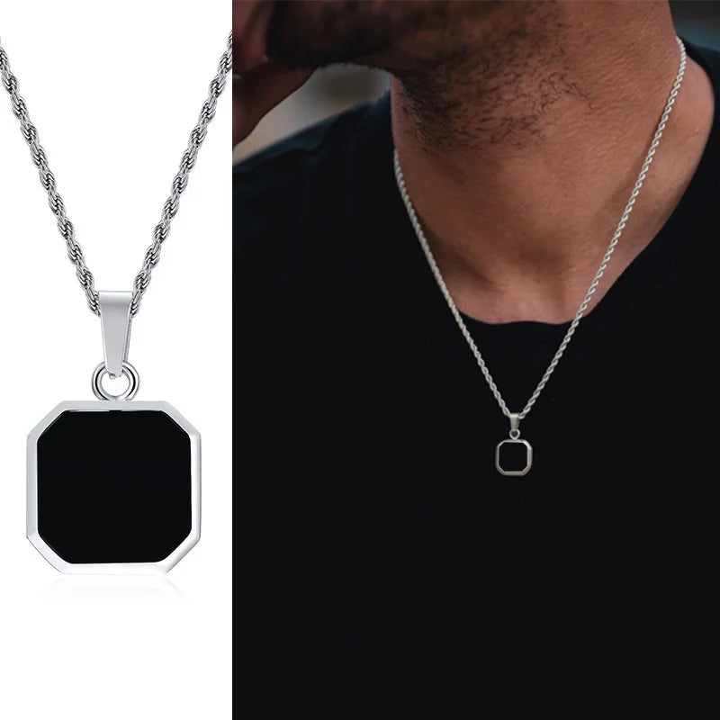 Square Pendant Necklace for Men - Casual Vintage Geometric Jewelry with Rope Cuban Figaro Box Chain Rope 1652S Men's Necklace