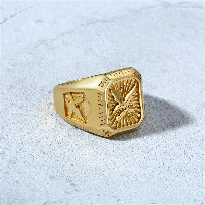 Majestic Eagle Signet Ring - Gold Plated Stainless Steel Men's Band Men's Rings