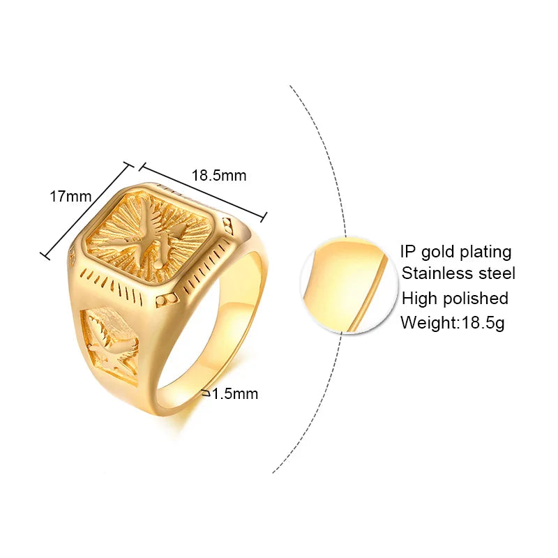 Majestic Eagle Signet Ring - Gold Plated Stainless Steel Men's Band Men's Rings