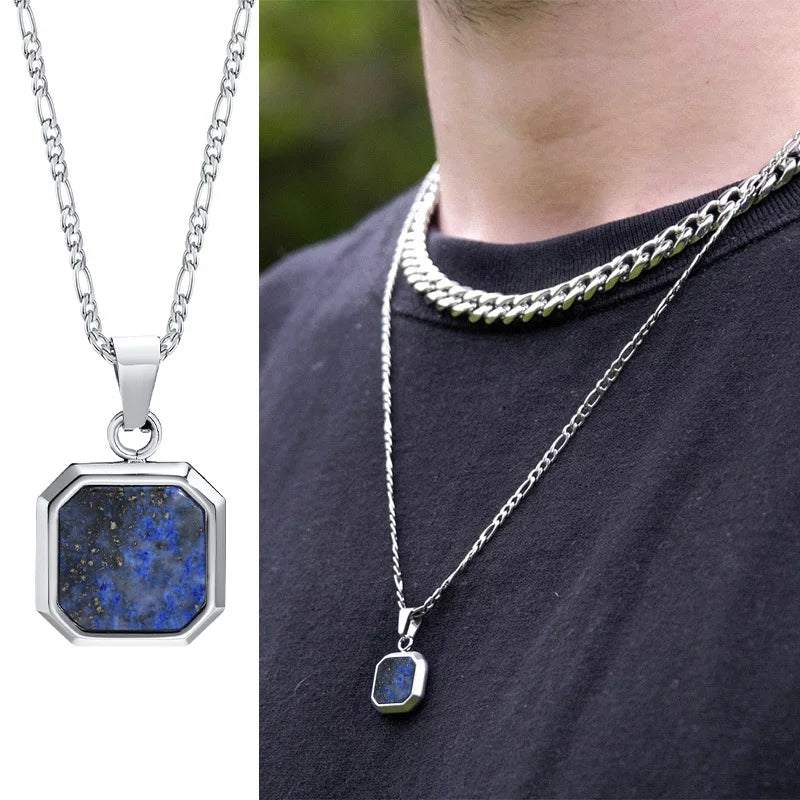 Square Pendant Necklace for Men - Casual Vintage Geometric Jewelry with Rope Cuban Figaro Box Chain Figaro 1652-3 Men's Necklace