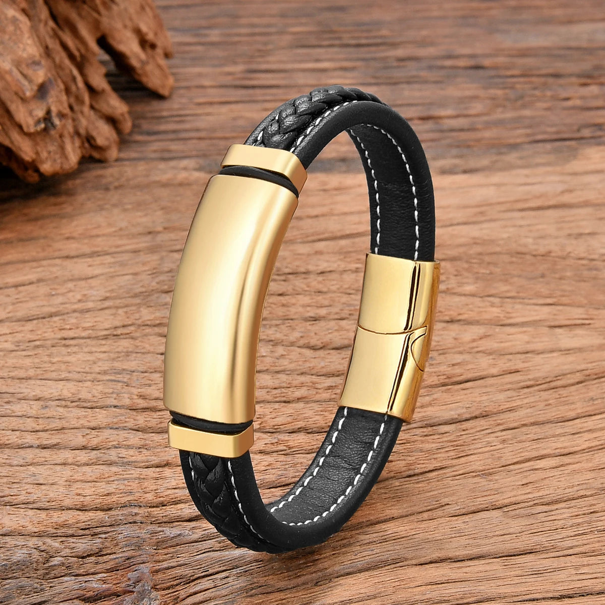 Men's Geometric Stainless Steel and Leather Bracelet - Stylish Jewelry Accessory Gold Men's Bracelets