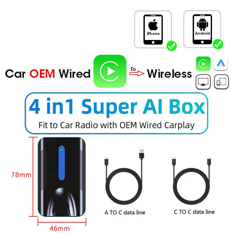 Wireless CarPlay Auto Adapter For Android/iOS - Wired To Wireless 5Ghz WiFi Auto Dongle Black Android & iOS 4 in 1 Super AI Box Car Auto Adapter For Android/iOS