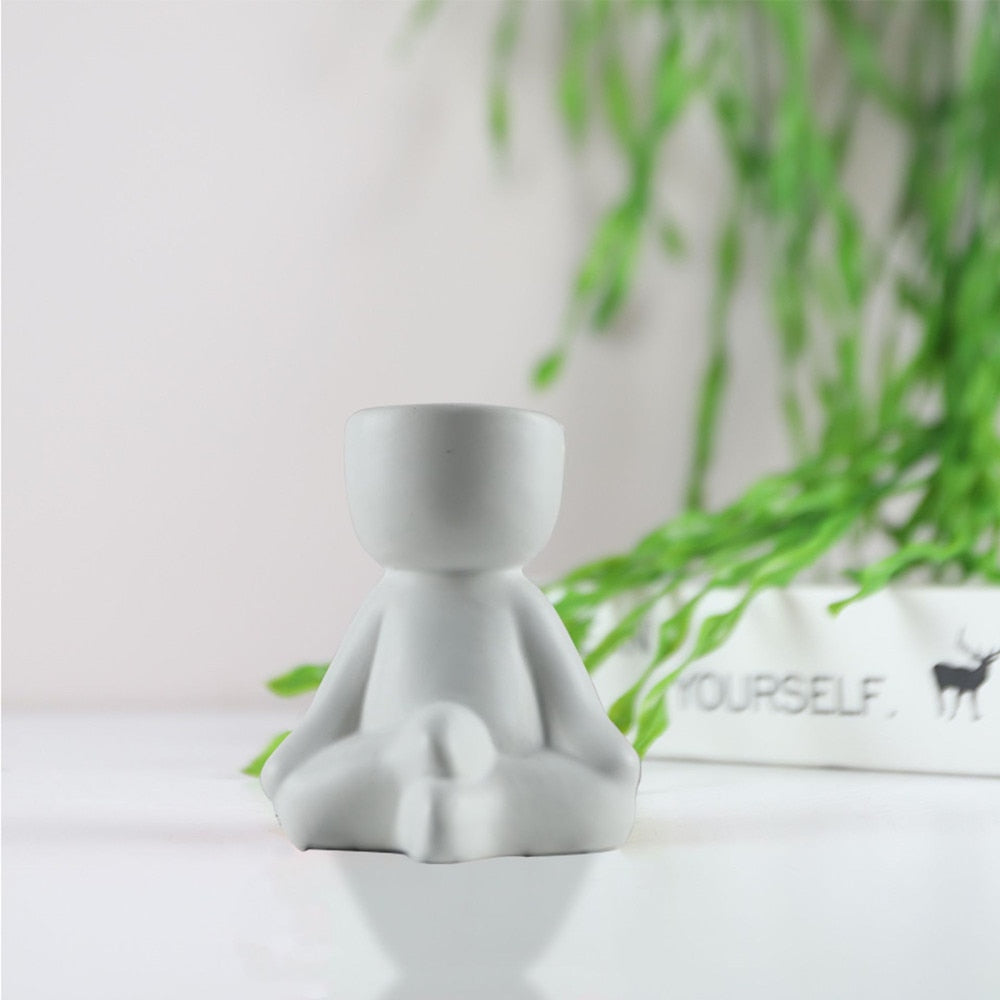 Little Human Ceramic Succulent Planter Ceramic Planter Meditating - White Planters