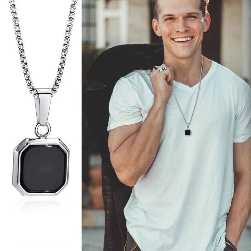 Square Pendant Necklace for Men - Casual Vintage Geometric Jewelry with Rope Cuban Figaro Box Chain Box 1652-1 Men's Necklace