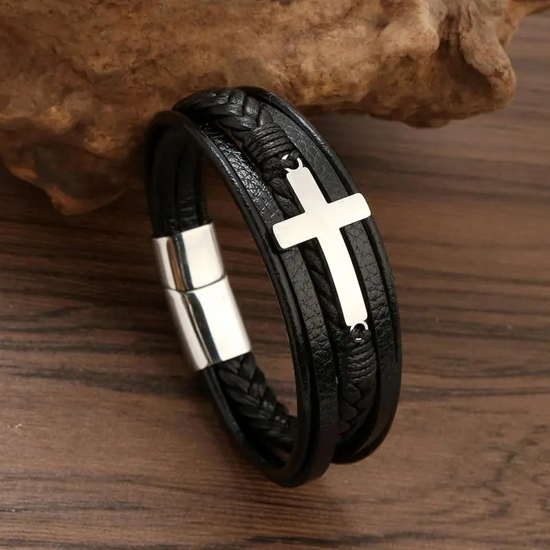 Stylish Stainless Steel Leather Bracelet - Magnetic Men's Charm Bracelet Steel Men's Bracelets