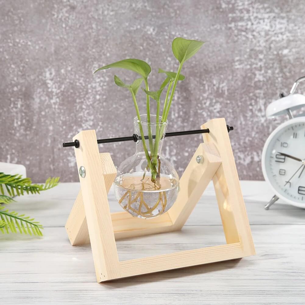 Glass Propagation Vase With Wooden Frame Stand Tan - Single Glass Propagation Vase