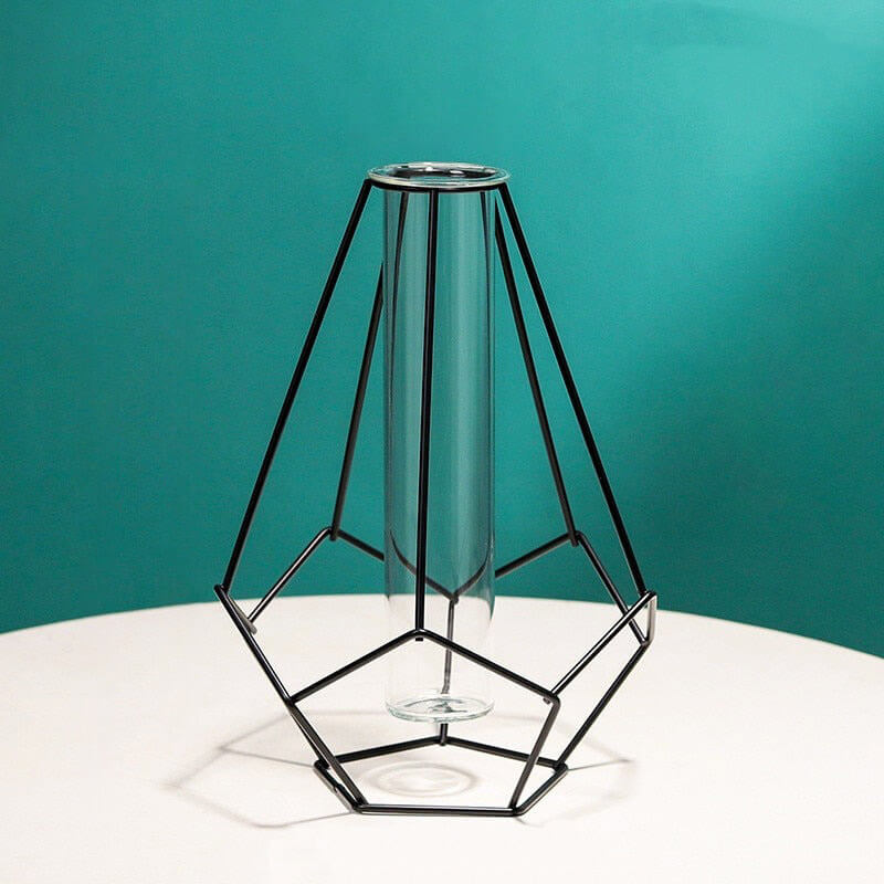 Glass Propagation Vase With Bottleneck Iron Stand Geometric Black Glass Vase With Iron Stand Glass Propagation Vase