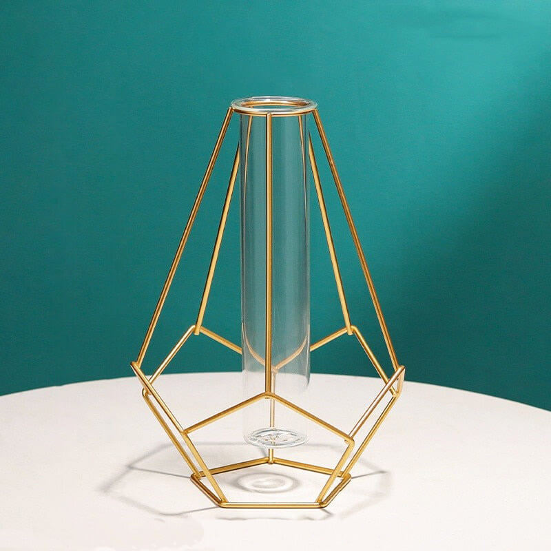 Glass Propagation Vase With Bottleneck Iron Stand Geometric Gold Glass Vase With Iron Stand Glass Propagation Vase