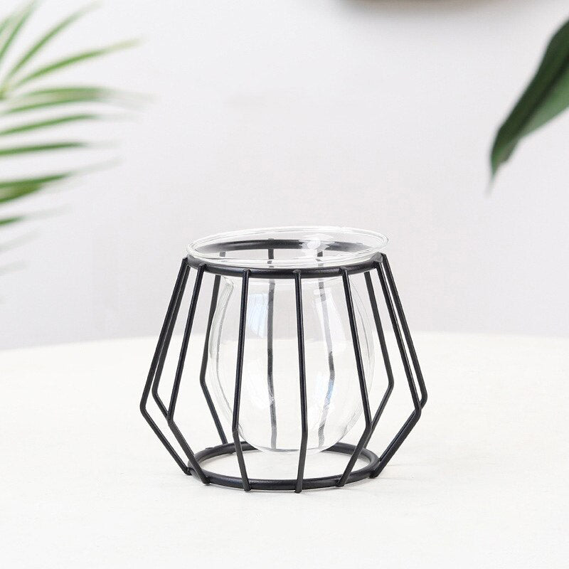 Glass Propagation Vase With Bottleneck Iron Stand Small Polygon Black Glass Vase With Iron Stand Glass Propagation Vase