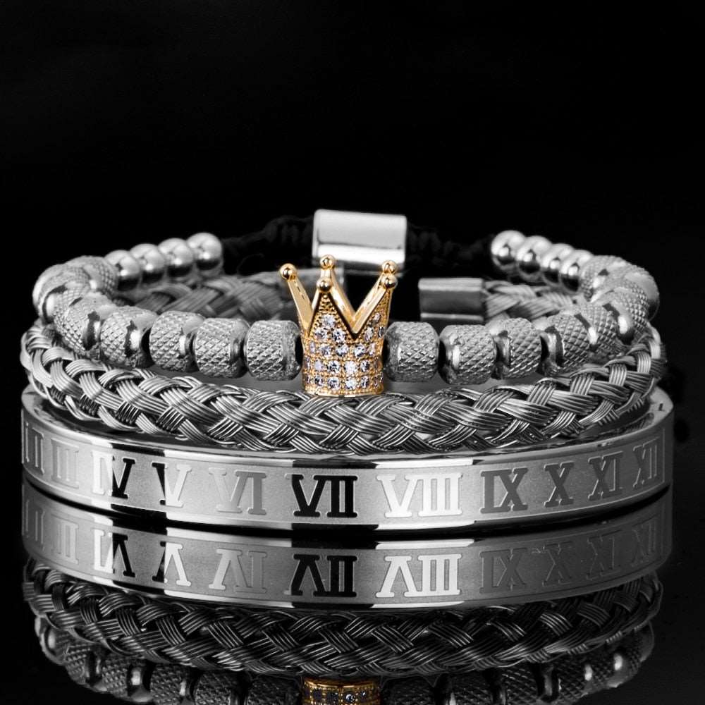 Roman Royal Crystals Crown Bracelet Set for Men Silver Gold Crown Numbers Men's Bracelet