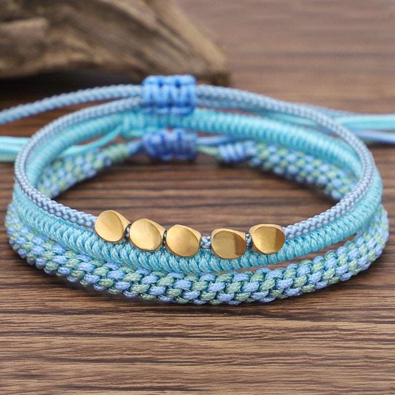 Tibetan and Buddhist Braided Handmade Copper Beads Bracelet Light Blue Tibetan Buddhist Bracelet