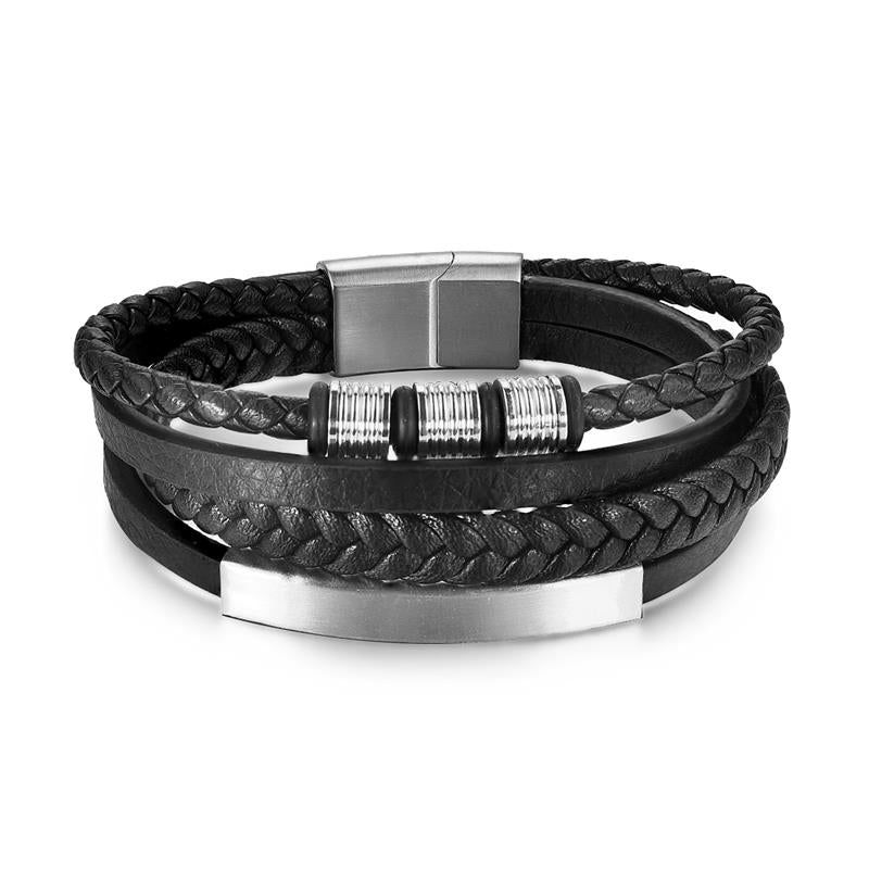 Men's Leather Bracelet with Magnetic Clasp Black & Silver - Style 2 Men's Bracelet
