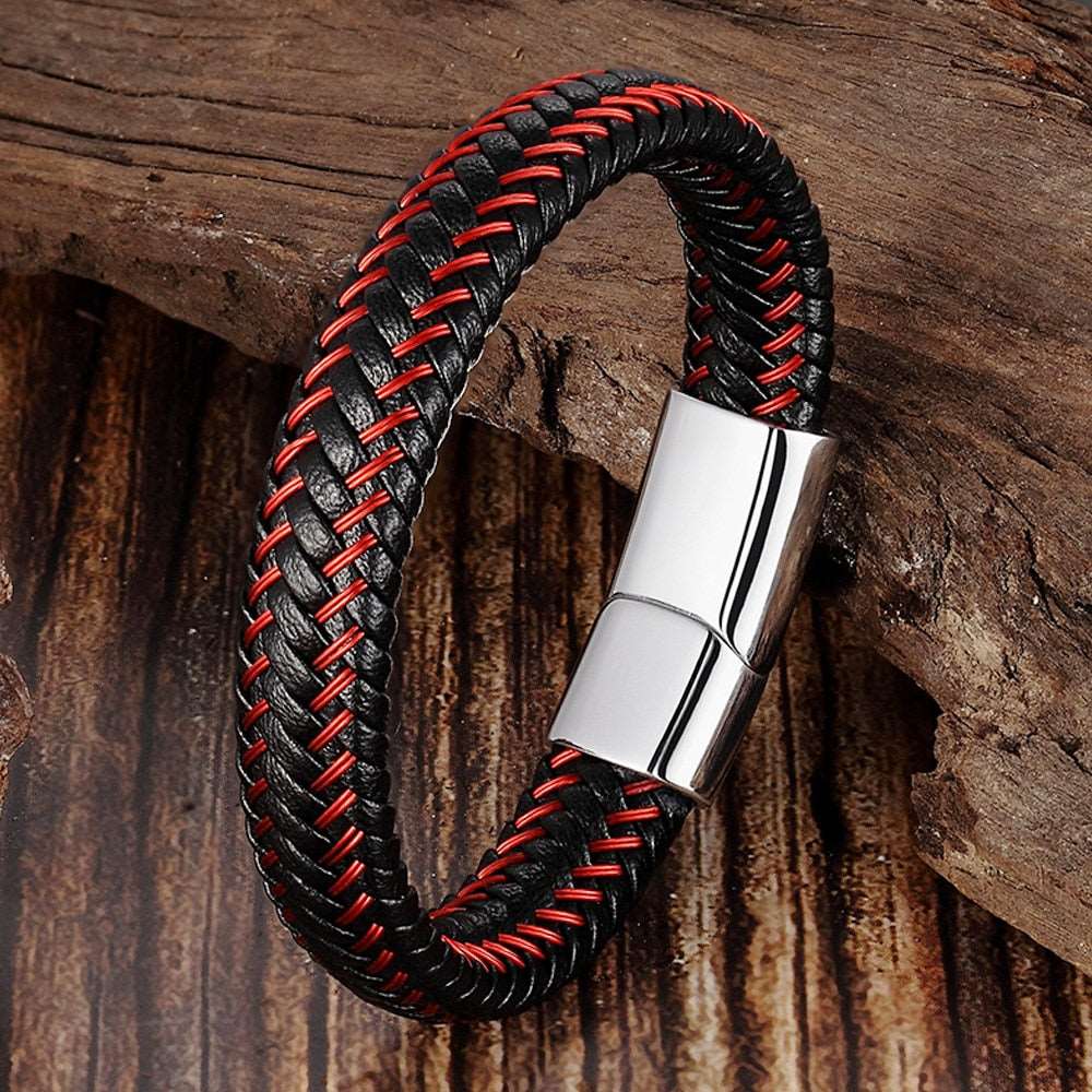 Leather Rope Bracelet For Men Leather Rope Black/Red - Silver Clasp Men's Bracelet
