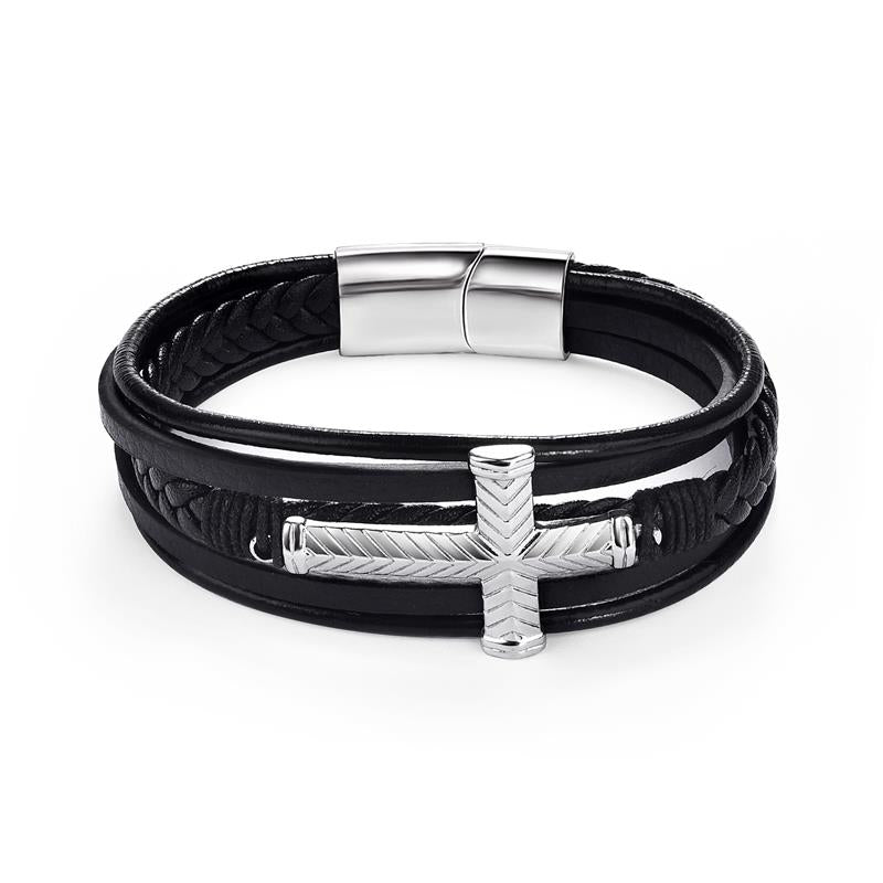 Men's Leather Bracelet with Magnetic Clasp Black - Style 10 Men's Bracelet