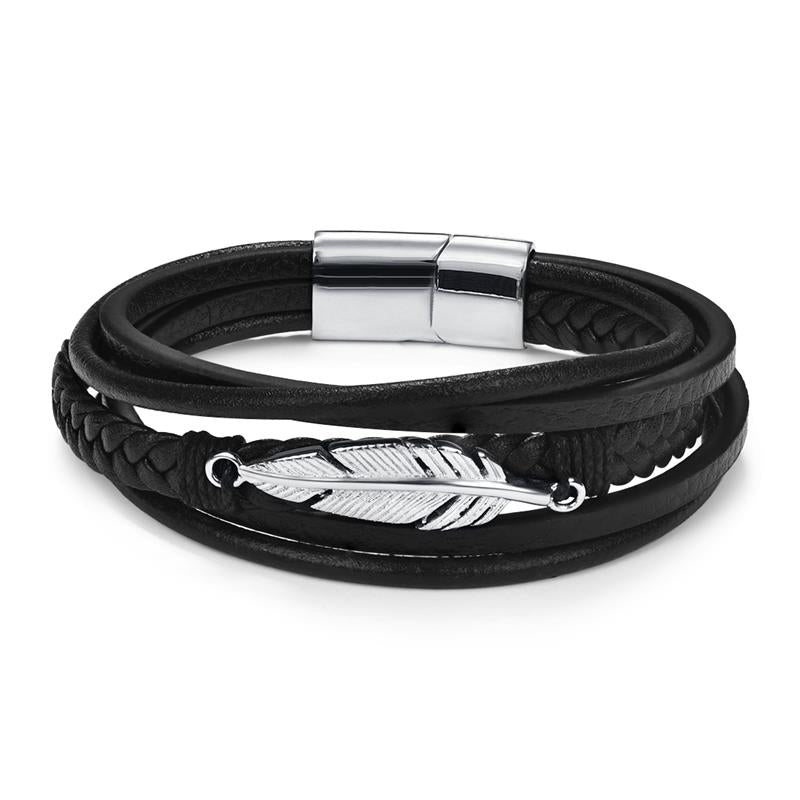 Men's Leather Bracelet with Magnetic Clasp Black & Silver - Style 3 Men's Bracelet