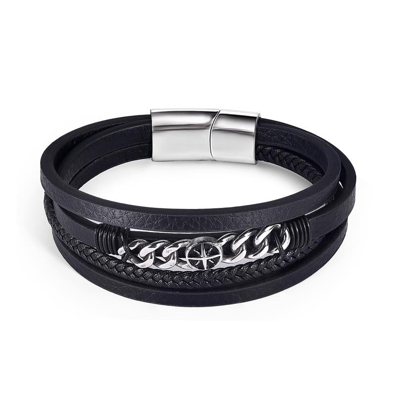 Men's Leather Bracelet with Magnetic Clasp Black & Silver - Style 1 Men's Bracelet